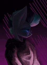 Size: 2500x3500 | Tagged: safe, artist:anastas, oc, zebra, anthro, black and white, blue eyes, clothes, detailed background, glasses, glowing, glowing eyes, gradient background, gray coat, grayscale, high res, hoodie, light, male, monochrome, multicolored hair, multicolored mane, solo