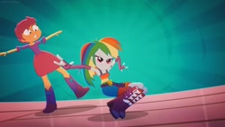 Size: 1280x720 | Tagged: safe, screencap, rainbow dash, scootaloo, human, equestria girls, g4, my little pony equestria girls: summertime shorts, raise this roof, bare shoulders, belt, belt buckle, boots, breakdancing, clothes, cutie mark on clothes, dancing, devil horn (gesture), dress, duo, duo female, fall formal outfits, female, fingerless gloves, gloves, shoes, sleeveless, smiling, smirk