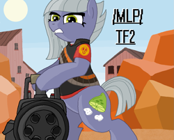 Size: 1067x858 | Tagged: safe, artist:legendoflink, limestone pie, earth pony, pony, g4, /mlp/ tf2 general, ammunition belt, angry, bipedal, bullet, clothes, female, heavy weapons guy, hoof hold, mare, minigun, ms paint, rock, solo, sun, team fortress 2, text, weapon