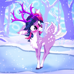 Size: 2500x2500 | Tagged: safe, artist:rurihal, part of a set, twilight sparkle, deer, deer pony, original species, blushing, chest fluff, cloven hooves, cute, deerified, deerlight sparkle, ear fluff, female, looking back, snow, snowfall, solo, species swap, tail, tail wag, twiabetes, winter