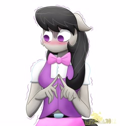 Size: 2732x2870 | Tagged: safe, artist:lordshrekzilla20, octavia melody, earth pony, anthro, g4, anime, anime style, blushing, clothes, cute, equestria girls outfit, female, fingers together, high res, komi can't communicate, nervous, no mouth, no nose, no pupils, simple background, solo, tavi can't communicate, tavibetes