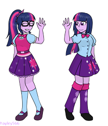 Size: 2299x2686 | Tagged: safe, artist:hayley566, sci-twi, twilight sparkle, human, equestria girls, g4, clothes, duo, female, glasses, high res, sci-twi outfits, simple background, skirt, transparent background, twolight, waving