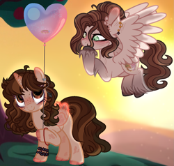 Size: 1375x1309 | Tagged: safe, artist:xxcheerupxxx, oc, oc only, pegasus, pony, unicorn, artificial wings, augmented, balloon, base used, female, flying, heart, heart balloon, magic, magic wings, mare, wings