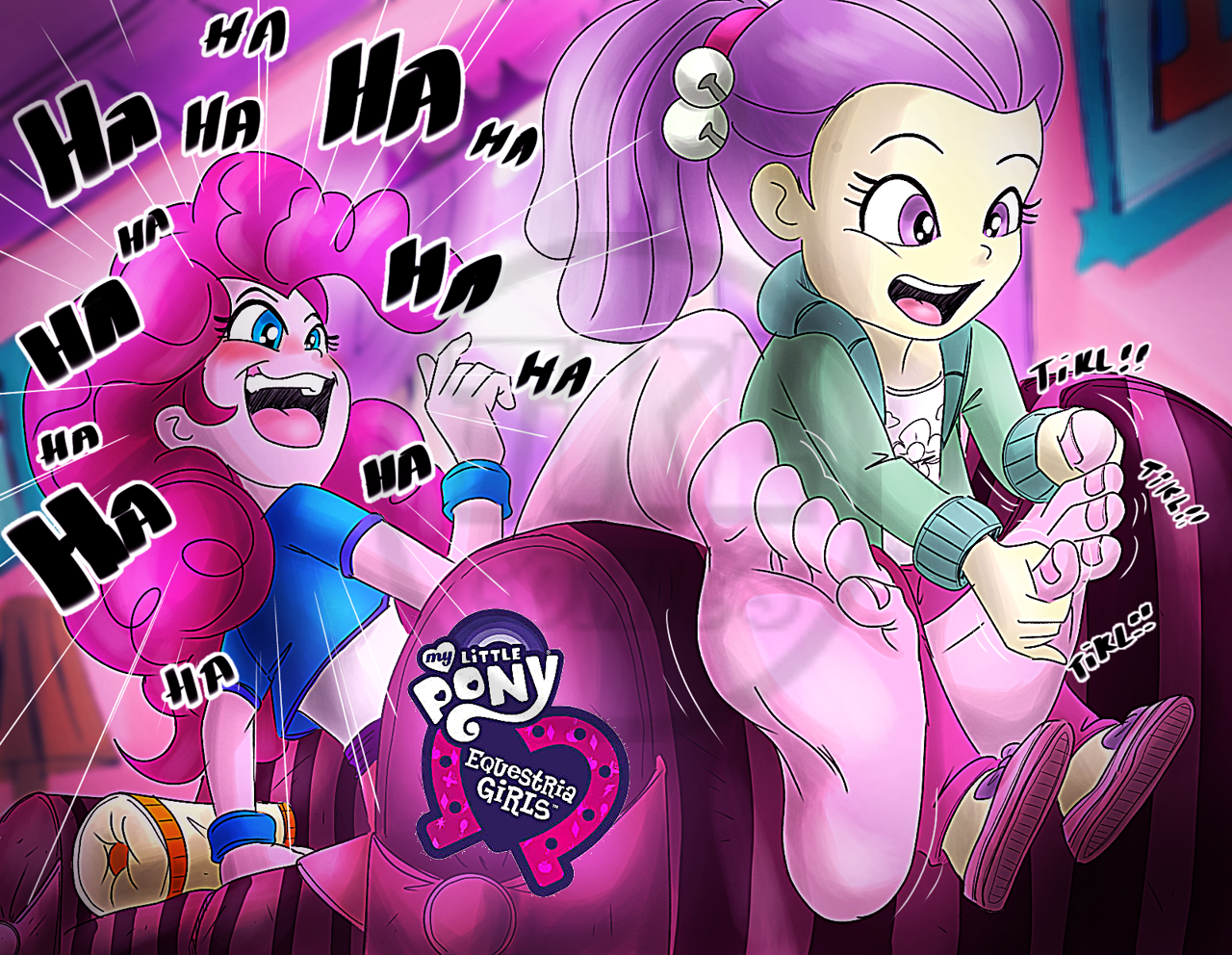 3044136 - suggestive, artist:tkl-comics, lily pad (g4), pinkie pie, human,  equestria girls, g4, barefoot, blushing, bracelet, clothes, couch, duo, feet,  female, fetish, foot fetish, foot focus, hoodie, jewelry, laughing,  lilypad, nail polish,