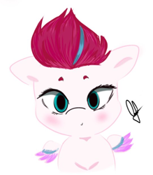 Size: 542x620 | Tagged: safe, artist:mango_moon190, zipp storm, pegasus, pony, g5, blushing, female, looking at you, mare, simple background, smiling, smiling at you, solo, spread wings, white background, wings