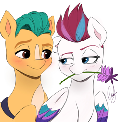 Size: 1378x1378 | Tagged: safe, artist:mango_moon190, hitch trailblazer, zipp storm, earth pony, pegasus, pony, g5, blushing, duo, eyebrows, female, flower, flower in mouth, folded wings, lidded eyes, looking at each other, looking at someone, male, mare, mouth hold, one ear down, raised eyebrow, ship:stormblazer, shipping, signature, simple background, smiling, stallion, straight, white background, wings