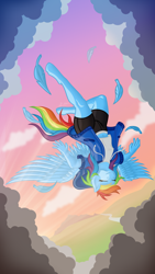 Size: 1080x1920 | Tagged: safe, artist:lumino010, rainbow dash, pegasus, anthro, unguligrade anthro, g4, clothes, cloud, crepuscular rays, equine, eyes closed, feather, female, flying, hoodie, midriff, shorts, sky, solo, spread wings, sunset, sweater, upside down, wings