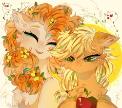Size: 3399x3000 | Tagged: safe, artist:kefirro7, applejack, pear butter, earth pony, pony, g4, apple, cheek fluff, chest fluff, cute, duo, ear fluff, eyes closed, female, floppy ears, flower, flower in hair, food, freckles, hairband, head tilt, high res, jackabetes, leaves, leaves in hair, looking down, mare, mother and child, mother and daughter, open mouth, pearabetes, sad, teary eyes