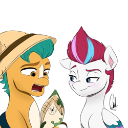 Size: 1378x1378 | Tagged: safe, artist:mango_moon190, hitch trailblazer, zipp storm, earth pony, pegasus, pony, g5, blushing, compass, duo, female, folded wings, hat, male, map, mare, open mouth, pith helmet, safari hat, ship:stormblazer, shipping, signature, simple background, smiling, smirk, stallion, straight, white background, wings