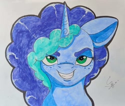 Size: 1949x1644 | Tagged: safe, artist:engi, misty brightdawn, pony, unicorn, g5, evil grin, female, freckles, grin, simple background, smiling, solo, teeth, traditional art, watercolor painting