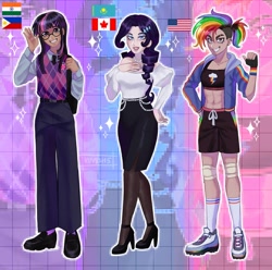 Size: 1862x1848 | Tagged: safe, artist:kuv8sh5, rainbow dash, rarity, twilight sparkle, human, g4, abs, alternate hairstyle, american flag, bag, bedroom eyes, belly button, belt, canadian, canadian flag, clothes, dark skin, ear piercing, earring, eyeshadow, female, filipino, fingerless gloves, flats, glasses, gloves, grin, high heels, hoodie, humanized, indian, jewelry, knee pads, lipstick, makeup, nail polish, necklace, necktie, pants, piercing, ponytail, ring, scar, shirt, shoes, shorts, skirt, smiling, sneakers, socks, sports bra, sports shorts, stockings, sweater vest, thigh highs, trio, united states, vest