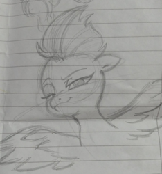 Size: 1913x2048 | Tagged: safe, artist:mango_moon190, zipp storm, pegasus, pony, g5, female, grayscale, lidded eyes, lined paper, looking at you, looking down, looking down at you, mare, monochrome, smiling, smirk, solo, spread wings, traditional art, wings