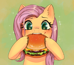 Size: 1580x1404 | Tagged: safe, artist:ponchik_art, fluttershy, pegasus, pony, g4, blushing, burger, cute, ear fluff, eating, fast food, female, food, green background, hoof hold, hungry, meat, messy eating, nose wrinkle, ponies eating meat, shyabetes, simple background, solo, sparkles, sparkly eyes, unshorn fetlocks
