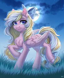 Size: 2700x3289 | Tagged: safe, artist:hakaina, oc, oc only, oc:bay breeze, pegasus, pony, bow, commission, female, hair bow, high res, moon, night, solo