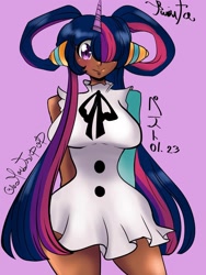 Size: 1152x1536 | Tagged: safe, artist:moutsupop, twilight sparkle, human, g4, anime, bianca alencar, brazil, clothes, cosplay, costume, dark skin, dress, female, horn, horned humanization, humanized, one piece, one piece film: red, purple background, simple background, solo, uta (one piece), voice actor joke