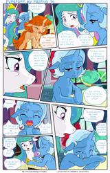 Size: 4953x7750 | Tagged: safe, artist:jeremy3, princess celestia, trixie, oc, oc:flora, alicorn, pony, unicorn, comic:everfree my friend, g4, comic, crying, eyes closed, female, filly, filly trixie, french, speech bubble, teary eyes, younger