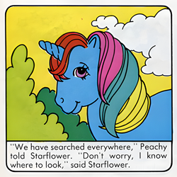 Size: 600x600 | Tagged: artist needed, safe, official comic, starflower, pony, unicorn, comic:my little pony (g1), g1, dialogue, female, implied peachy, mare, moondancer's mischievous magic, offscreen character, scan, solo, upscaled