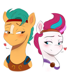 Size: 1378x1378 | Tagged: safe, artist:mango_moon190, hitch trailblazer, zipp storm, earth pony, pegasus, pony, g5, blushing, clothes, cosplay, costume, disney, duo, duo male and female, female, floating heart, headband, heart, hercules, lidded eyes, looking at each other, looking at someone, male, mare, megara, ship:stormblazer, shipping, simple background, smiling, stallion, straight, white background