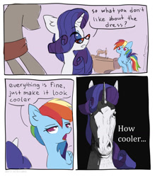 Size: 1280x1463 | Tagged: safe, artist:astralblues, rainbow dash, rarity, pegasus, pony, unicorn, g4, suited for success, comic, dialogue, female, hoers, man i'm so hungry / how hungry, mannequin, mare, meme, ponified meme