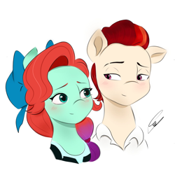Size: 1378x1378 | Tagged: safe, artist:mango_moon190, jazz hooves, rocky riff, earth pony, pegasus, pony, g5, ariel, blushing, bow, clothes, cosplay, costume, duo, duo male and female, female, hair bow, lidded eyes, looking at each other, looking at someone, male, mare, prince eric, ship:rockjazz, shipping, shirt, signature, simple background, smiling, stallion, straight, the little mermaid, white background