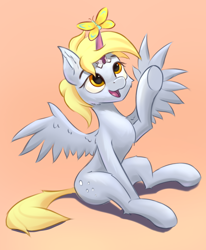 Size: 2042x2476 | Tagged: safe, artist:foxpit, derpy hooves, butterfly, pegasus, pony, g4, fake alicorn, fake horn, female, gradient background, high res, looking right, mare, not an alicorn, open mouth, open smile, orange background, raised arm, simple background, sitting, smiling, solo, spread wings, underhoof, wings, yellow eyes, yellow mane