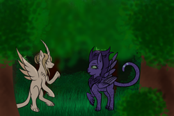 Size: 5400x3600 | Tagged: safe, artist:thecommandermiky, oc, oc only, oc:artura, oc:miky command, alicorn, cheetah, hybrid, pegasus, pony, alicorn oc, bipedal, bush, forest, grass, happy, horn, long tail, looking at each other, looking at someone, oc x oc, paws, pegasus oc, shipping, spread wings, tail, tree, wings