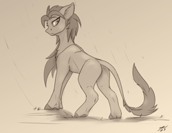 Size: 2800x2160 | Tagged: safe, artist:tenebrisnoctus, earth pony, pony, butt, concave belly, full body, high res, leonine tail, monochrome, plot, side view, solo, sternocleidomastoid, tail