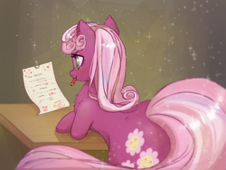 Size: 2000x1500 | Tagged: safe, artist:ponchik_art, cheerilee, earth pony, pony, g4, background pony, butt, cheeribetes, chest fluff, cute, female, grading, hearts and hooves day, mouth hold, pencil, plot, solo, table, teacher, unshorn fetlocks
