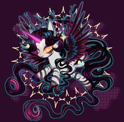 Size: 1280x1254 | Tagged: safe, artist:justsadluna, oc, oc only, alicorn, pony, zebra, zebracorn, abstract background, alicorn oc, glowing, glowing horn, horn, makeup, running makeup, solo, wings