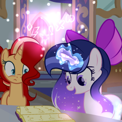 Size: 2048x2048 | Tagged: safe, artist:harmonyvitality-yt, oc, oc only, oc:harmony vitality, oc:spring starfire, pony, unicorn, base used, book, bow, duo, ethereal mane, eyelashes, female, glowing, glowing horn, hair bow, high res, horn, mare, offspring, parent:flash sentry, parent:starlight glimmer, parent:sunburst, parent:twilight sparkle, parents:flashlight, parents:starburst, smiling, starry mane, unicorn oc, worried