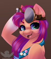 Size: 2000x2300 | Tagged: safe, artist:skyboundsiren, sunny starscout, earth pony, pony, g5, my little pony: a new generation, confident, cute, female, fluttershy's cutie mark, goggles, goggles on head, high res, looking at you, mare, open mouth, open smile, rainbow dash's cutie mark, sash, smiling, solo, sunnybetes, twilight sparkle's cutie mark, watermark