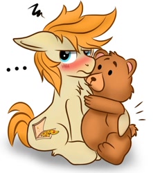 Size: 732x827 | Tagged: safe, artist:pizzamovies, oc, oc only, oc:pizzamovies, earth pony, pony, annoyed, blushing, chest fluff, food, hug, looking at you, male, pizza, pizza box, plushie, simple background, sitting, solo, stallion, teddy bear, white background