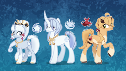 Size: 4000x2250 | Tagged: safe, artist:orin331, earth pony, pony, unicorn, abstract background, accessory, bow, brother and sister, curved horn, female, genshin impact, horn, kamisato ayaka (genshin impact), kamisato ayato (genshin impact), looking at each other, looking at someone, looking at you, male, mare, ponified, raised hoof, siblings, smiling, smug, stallion, thoma (genshin impact), unshorn fetlocks