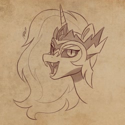Size: 3224x3224 | Tagged: safe, artist:haruh_ink, daybreaker, alicorn, pony, g4, bust, female, high res, limited palette, lineart, looking at you, mare, open mouth, open smile, portrait, signature, smiling, smiling at you, solo