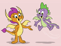Size: 3889x2936 | Tagged: safe, artist:foxlover91, smolder, spike, dragon, pony, g4, alternate style, big eyes, cartoon, cute, dragon wings, dragoness, duo, eyebrows, eyelashes, female, flying, hanna barbera, high res, male, motion lines, open mouth, pink background, retro, simple background, smolderbetes, spaded tail, spikabetes, spread wings, style emulation, tail, wholesome, winged spike, wings