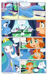 Size: 5762x9064 | Tagged: safe, artist:jeremy3, princess celestia, trixie, oc, oc:flora, alicorn, pony, unicorn, comic:everfree, comic:everfree my friend, g4, book, bow, comic, crying, dialogue, female, filly, foal, hair bow, horn, looking at each other, looking at someone, mare, thought bubble, unicorn oc
