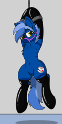 Size: 1500x3000 | Tagged: safe, alternate version, artist:lone wolf, oc, oc only, oc:dark straw, hybrid, pony, zebra, zony, armpits, bedroom eyes, belly, belly button, bondage, chest fluff, clothes, featureless crotch, female, hanging, happy, happy bondage, hoof fluff, latex, latex socks, looking at you, mare, multiple variants, rope, sexy, smiling, socks, solo, suspended, suspension bondage, zebra oc, zony oc
