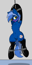 Size: 1500x3000 | Tagged: safe, alternate version, artist:lone wolf, oc, oc only, oc:dark straw, hybrid, pony, zebra, zony, armpits, bedroom eyes, belly, belly button, bondage, chest fluff, clothes, featureless crotch, female, hanging, happy, happy bondage, hoof fluff, latex, latex socks, looking at you, mare, multiple variants, nudity, rope, sexy, smiling, socks, solo, spread legs, spreader bar, spreading, suspended, suspension bondage, zebra oc, zony oc