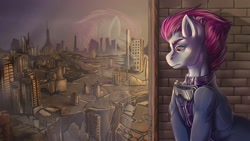 Size: 1920x1080 | Tagged: safe, artist:leastways, oc, oc only, oc:fluid moves, earth pony, pony, fallout equestria, bust, commission, digital art, portrait, post-apocalyptic, scenery, solo, superhero costume, window