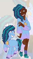 Size: 1152x2048 | Tagged: safe, artist:mythical artist, misty brightdawn, human, pony, unicorn, g5, clothes, coat markings, converse, cornrows, dark skin, duo, duo female, female, freckles, green eyes, hoodie, human ponidox, humanized, jewelry, looking at each other, looking at someone, necklace, self paradox, self ponidox, shoes, sneakers, socks, socks (coat markings), two toned mane