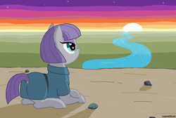 Size: 1200x807 | Tagged: safe, artist:legendoflink, boulder (g4), maud pie, earth pony, pony, g4, cliff, clothes, dock, dress, dusk, female, lying down, mare, ms paint, no mouth, outdoors, prone, river, stars, sunset, tail, water, wingding eyes