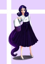 Size: 752x1063 | Tagged: safe, artist:melodinosauria, rarity, human, unicorn, g4, clothes, high heels, horn, horned humanization, humanized, kimono (clothing), looking at you, open mouth, robe, shirt, shoes, skirt, solo, standing
