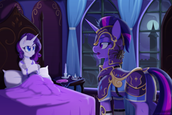 Size: 2175x1450 | Tagged: safe, artist:willoillo, rarity, twilight sparkle, pony, spider, unicorn, bodyguard au, g4, alternate universe, armor, bed, butt, commission, duo, ear fluff, fanfic art, female, horn, mare, moon, night, open mouth, plot, standing, unshorn fetlocks