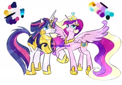 Size: 2388x1668 | Tagged: safe, artist:magoconut, princess cadance, shining armor, alicorn, crystal pony, pony, unicorn, g4, alternate design, alternate universe, color palette, crystallized, ethereal mane, ethereal tail, future, older, older princess cadance, older shining armor, recolor, simple background, tail, ultimate cadance, white background
