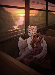 Size: 2167x2930 | Tagged: safe, artist:amishy, oc, oc only, oc:dim bush, oc:lighty dust, earth pony, pegasus, pony, blushing, duo, duo female, female, freckles, frog (hoof), grin, high res, hoof around neck, hug, looking at each other, looking at someone, mare, one eye closed, ribbon, sitting, smiling, smiling at each other, sunset, train, underhoof, winghug, wings