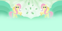 Size: 1024x512 | Tagged: safe, artist:thread8, angel bunny, fluttershy, butterfly, pegasus, pony, g4, hill, rolling sky