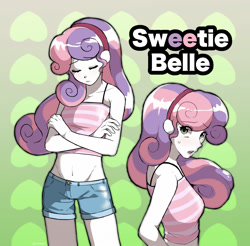 Size: 1124x1104 | Tagged: safe, artist:cyanesk, sweetie belle, human, equestria girls, g4, belly button, clothes, crossed arms, duality, eye clipping through hair, eyebrows, eyebrows visible through hair, eyes closed, female, frown, headband, midriff, older, older sweetie belle, open mouth, shorts, solo