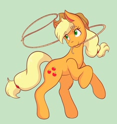 Size: 1640x1747 | Tagged: safe, artist:mscolorsplash, applejack, earth pony, pony, g4, applejack's hat, cowboy hat, cute, female, green background, hat, jackabetes, lasso, mare, mouth hold, rearing, rope, simple background, smiling, solo