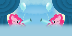 Size: 1024x512 | Tagged: safe, artist:thread8, pinkie pie, earth pony, pony, g4, balloon, curtains, party cannon, rolling sky