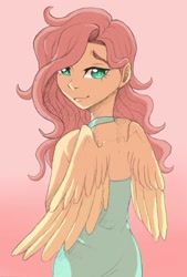 Size: 1057x1563 | Tagged: safe, artist:brot-art, fluttershy, human, g4, clothes, dress, female, gradient background, humanized, looking at you, looking back, looking back at you, pony coloring, smiling, smiling at you, winged humanization, wings